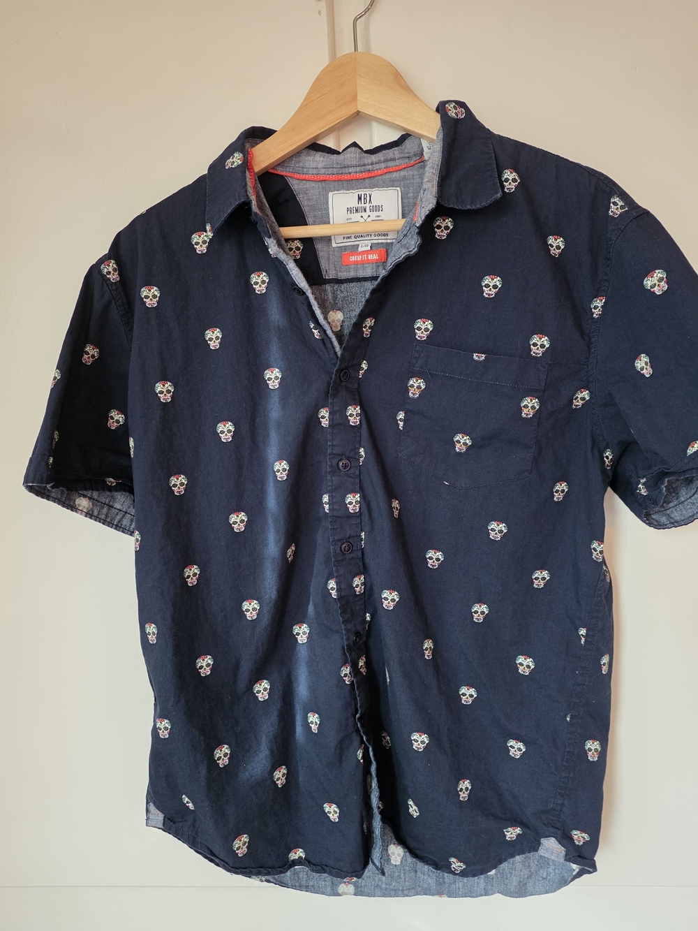 MBX Premium Goods Navy Short-Sleeve Skull Print Shirt Button Down Size Large